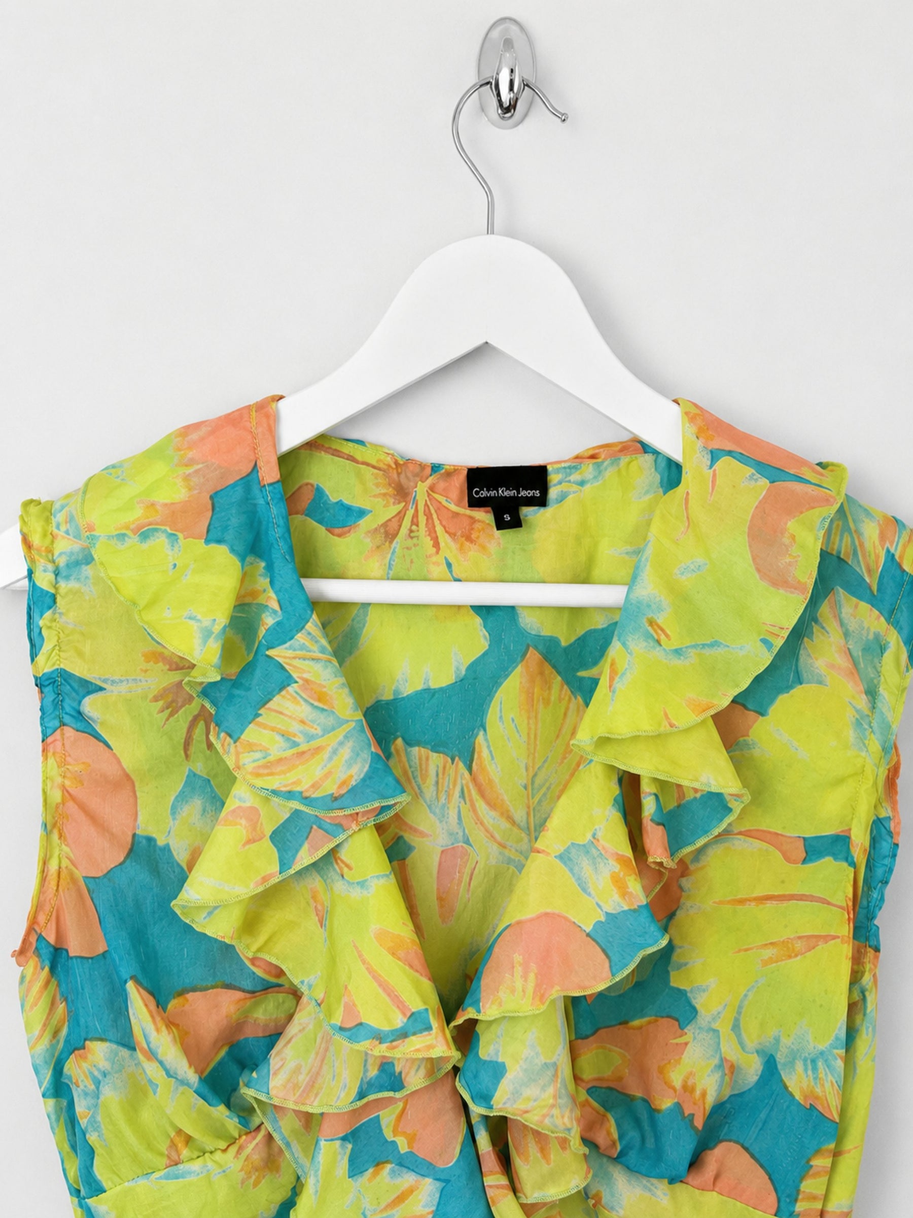 00's Calvin Klien Silk Ruffle Top in Green / Blue / Orange Floral Print - S