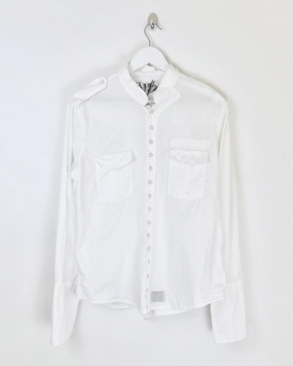 00's Michiko Koshino Shirt Ruched Details with Bell Sleeves in White - M