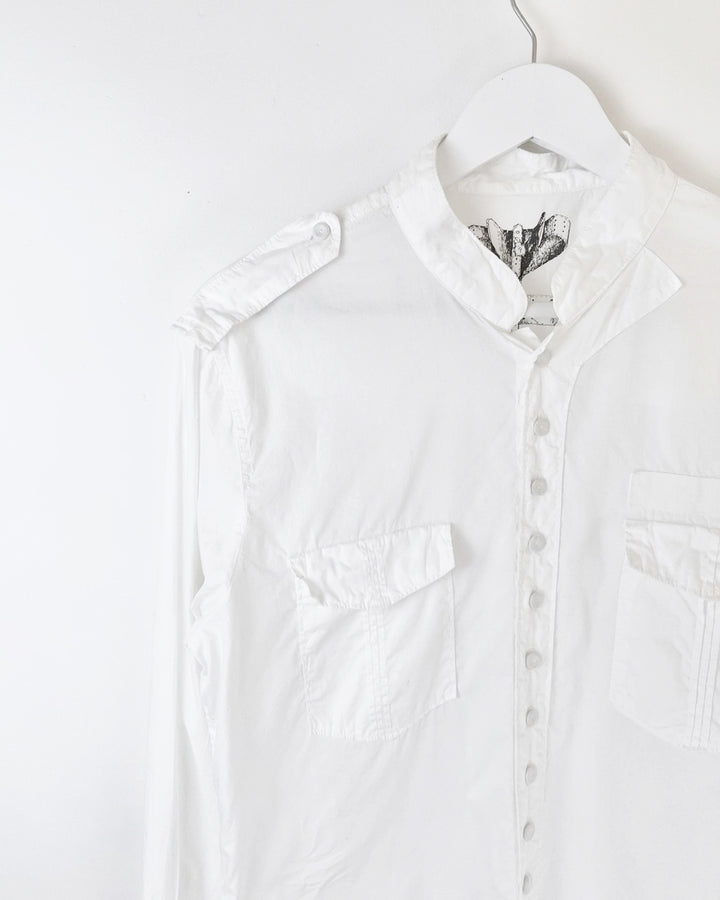 00's Michiko Koshino Shirt Ruched Details with Bell Sleeves in White - M