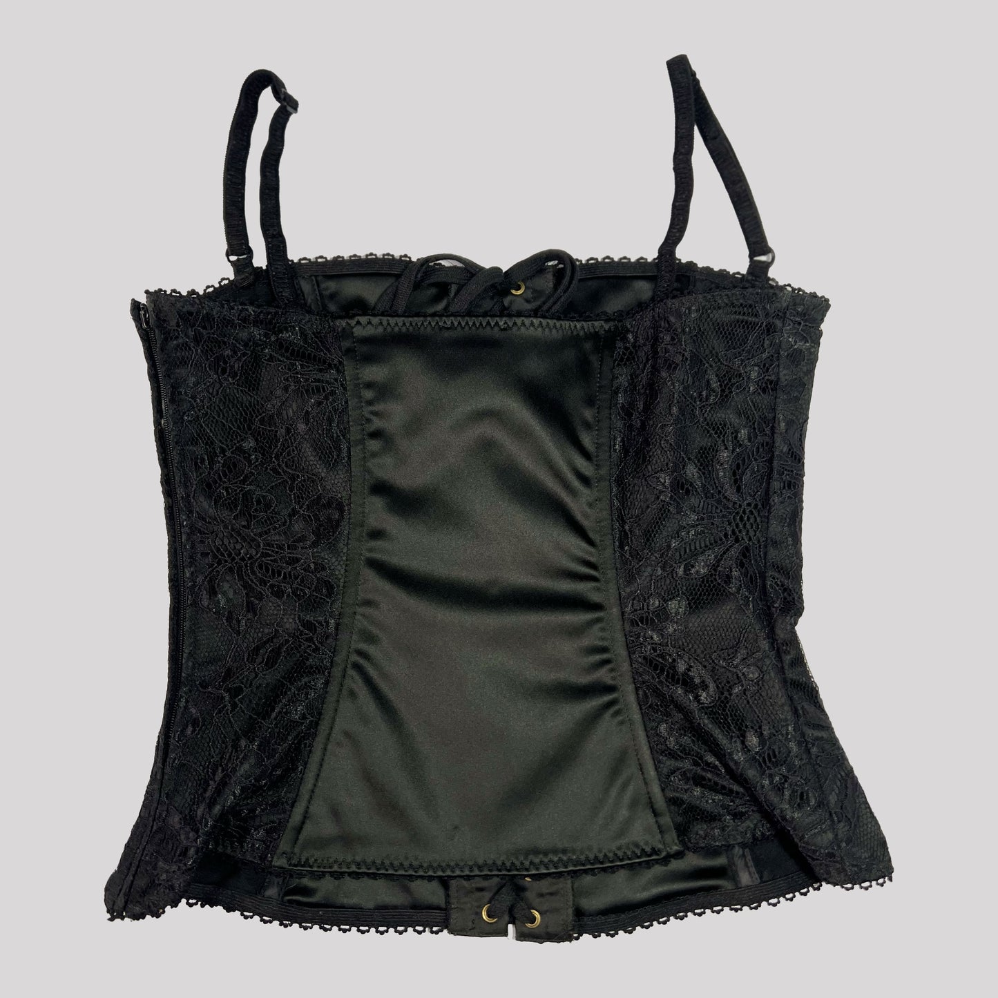 90's Dolce & Gabbana Lace Up Corset in Black Satin & Lace - XS