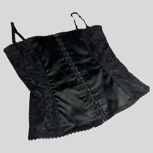 90's Dolce & Gabbana Lace Up Corset in Black Satin & Lace - XS
