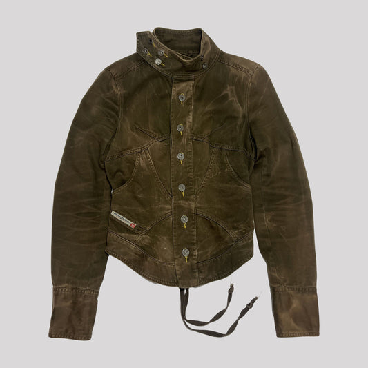 Late 90's Diesel Biker Jacket with Lace Up Corset Back in Acid Wash Khaki - S 
