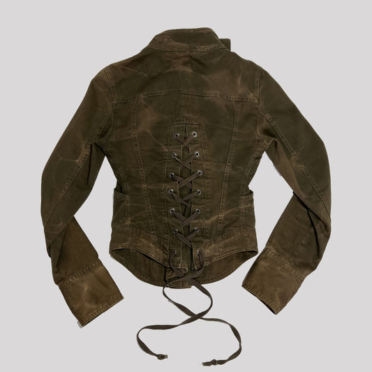 Late 90's Diesel Biker Jacket with Lace Up Corset Back in Acid Wash Khaki - S 