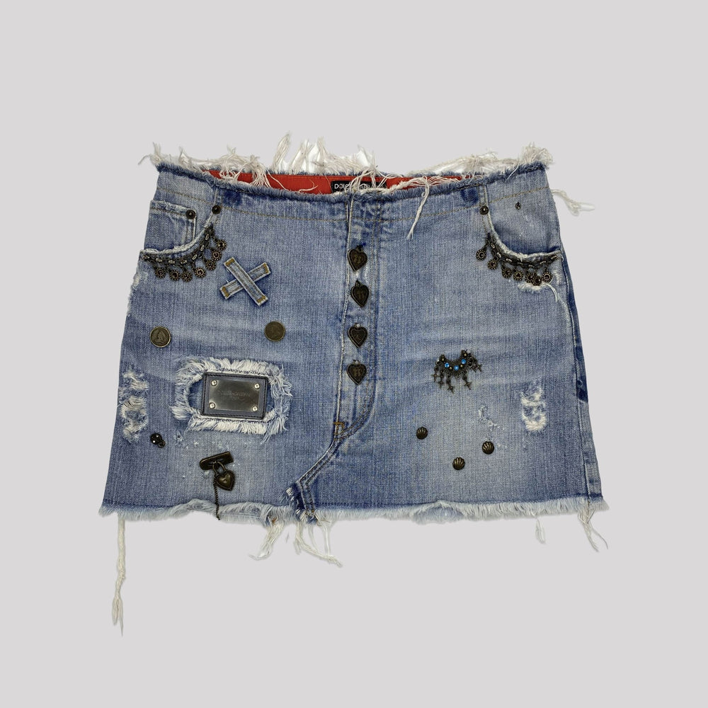 Early 00's Dolce & Gabbana Denim Mini Skirt with Charm Details - w30"
