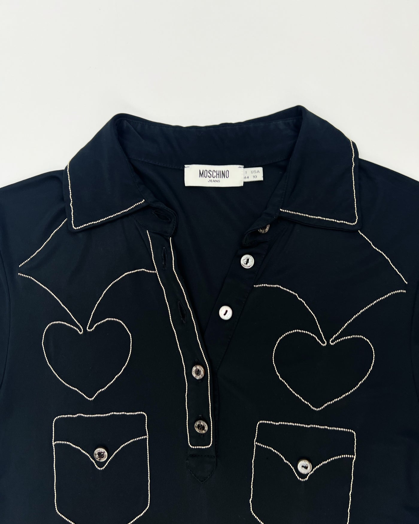 Late 90s Moschino Jeans trompe-l'œil Polo Top in Black with Silver Beading- M