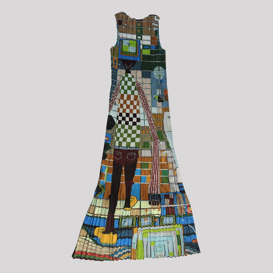2001 Pleats Please Maxi Dress with Walking Man Print - S/M