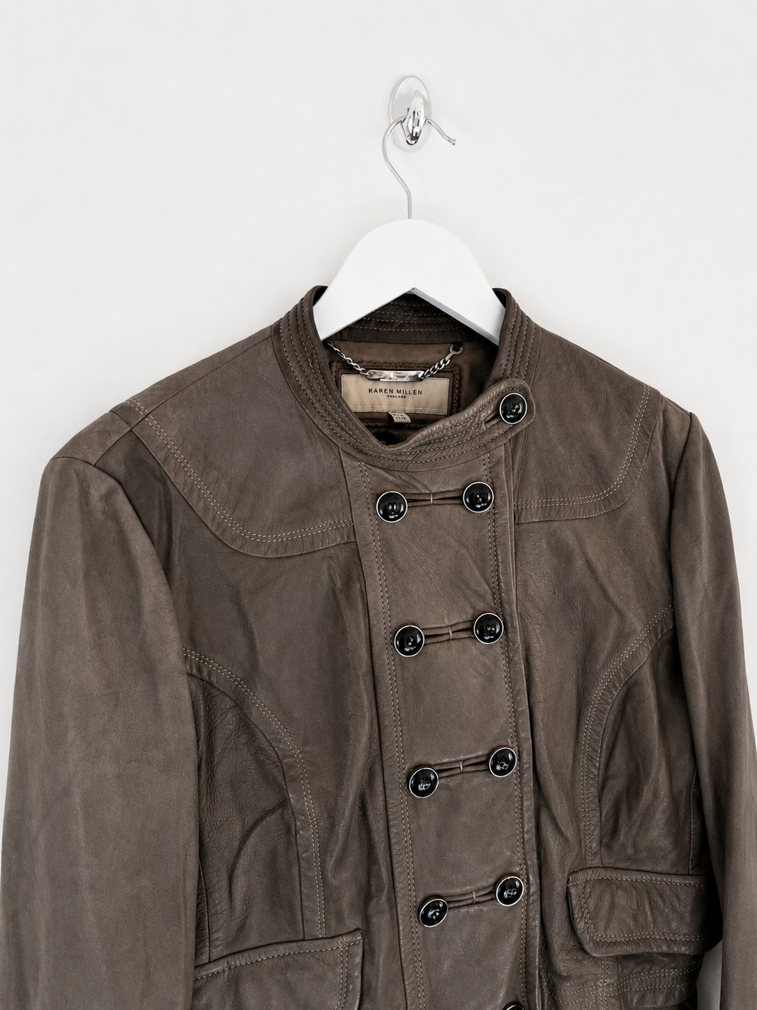 00s Vintage Leather Napoleon Jacket in Khaki - M / L