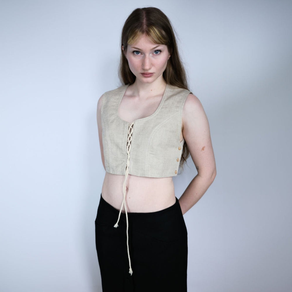 Late 90's Cop Copine Linen Bralet with Corseted Detail in Tan - S/M