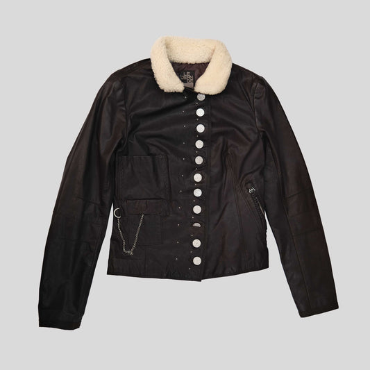 00's Marithé + François Girbaud Leather Jacket with Boho Detailing & Shearling Collar - M
