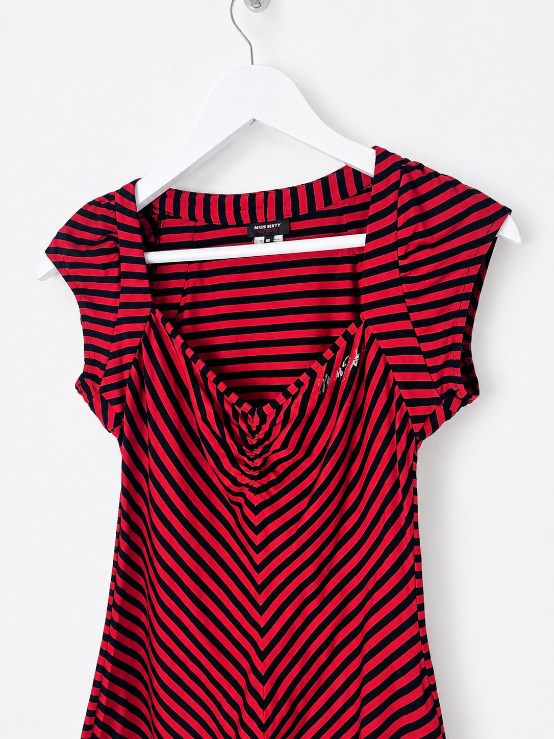 00's Miss Sixty Asymmetric Stripe Top in Red / Black - S
