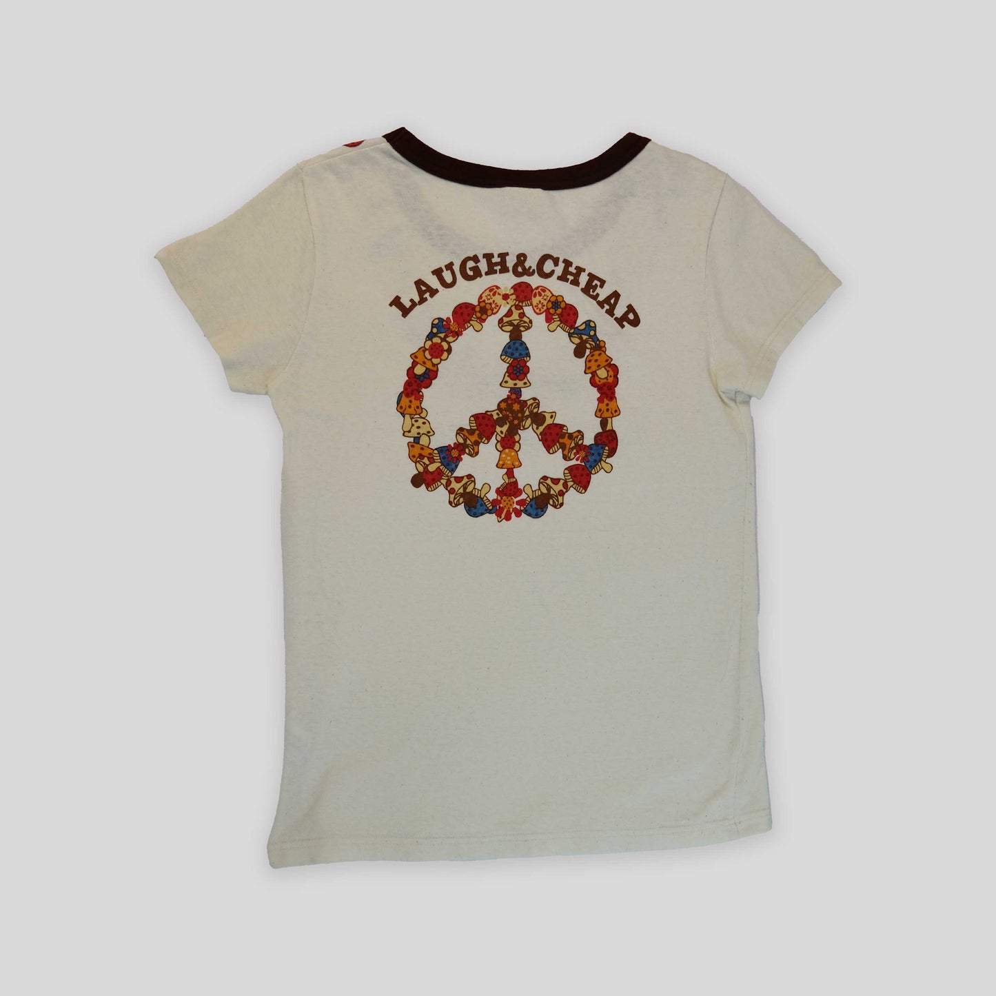 00's Laugh & Cheap Graphic Tshirt with Graphic Mushroom Neckline - S/M