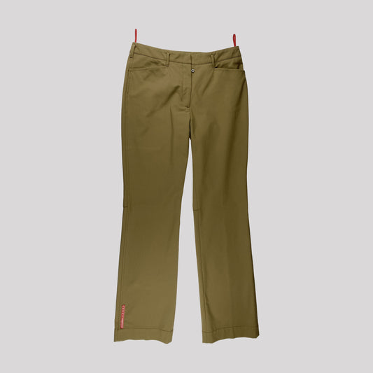 00's Prada Sport Lowrise Straight Leg Trousers in Khaki / Brown Stretch Nylon - W30"