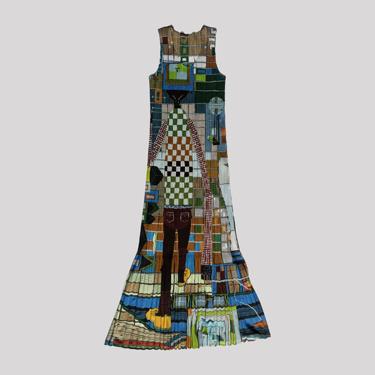 2001 Pleats Please Maxi Dress with Walking Man Print - S/M