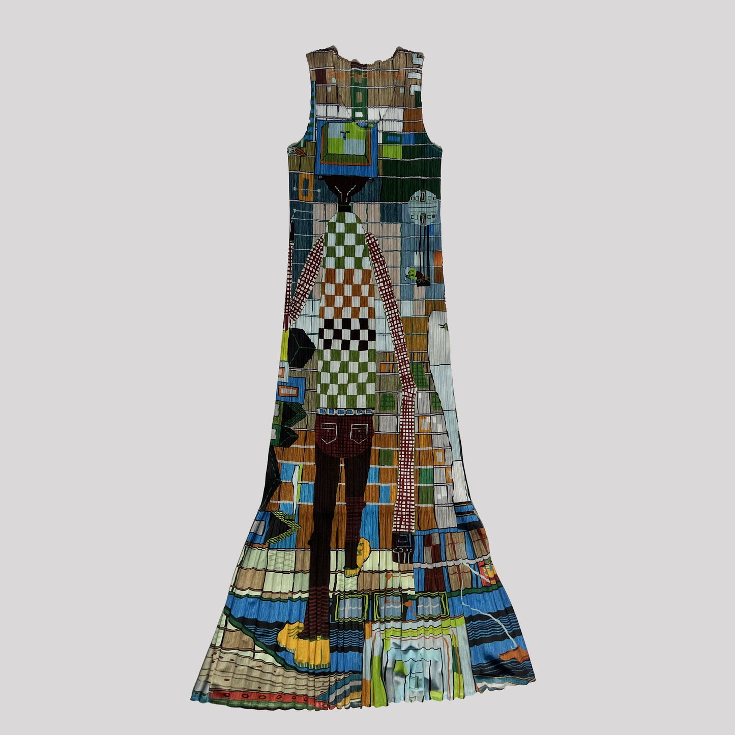 2001 Pleats Please Maxi Dress with Walking Man Print - S/M