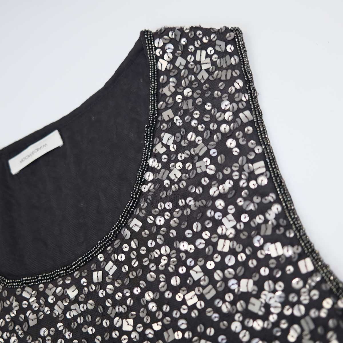 00'S Sequin Mesh Top in Silver with Beaded Neckline - M