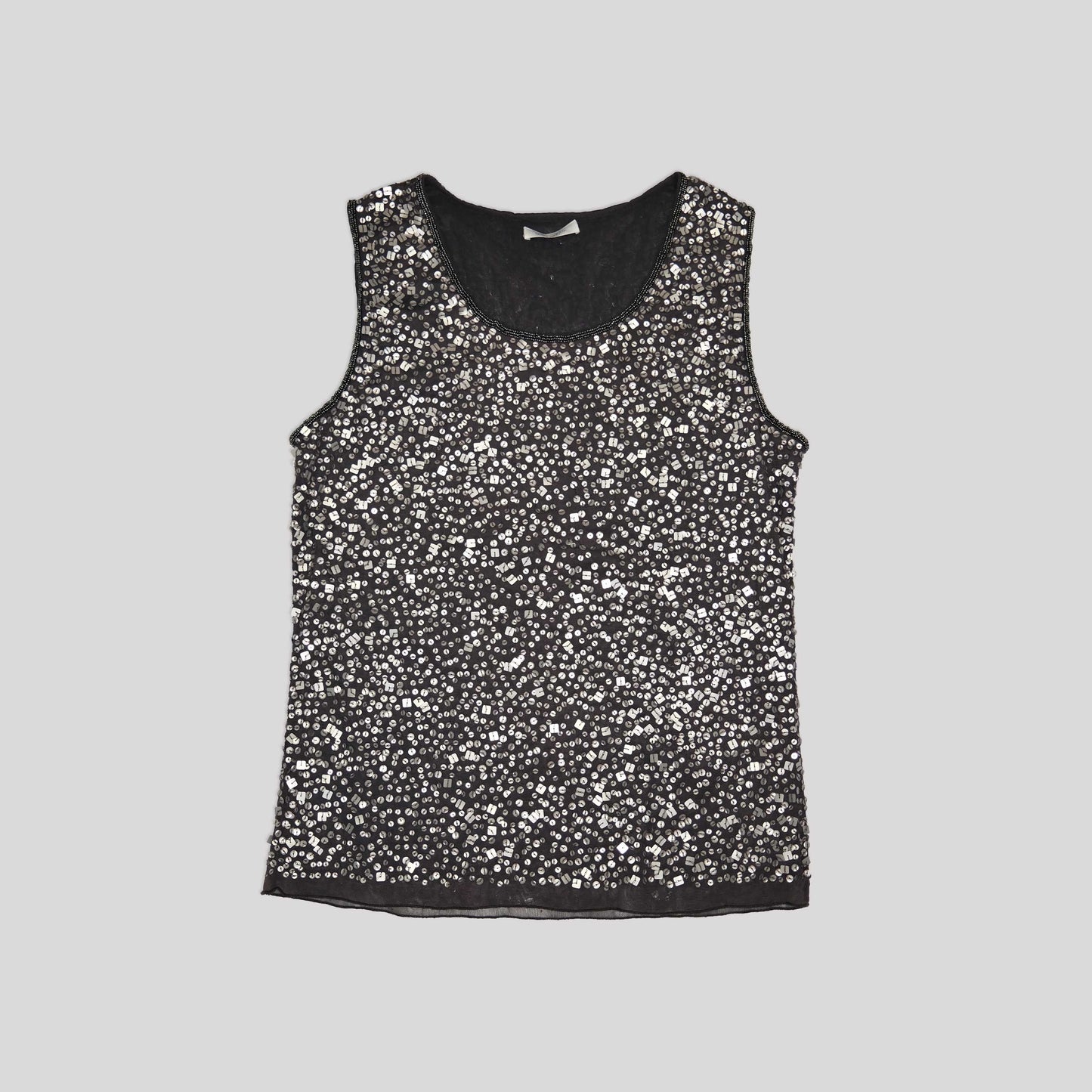 00'S Sequin Mesh Top in Silver with Beaded Neckline - M
