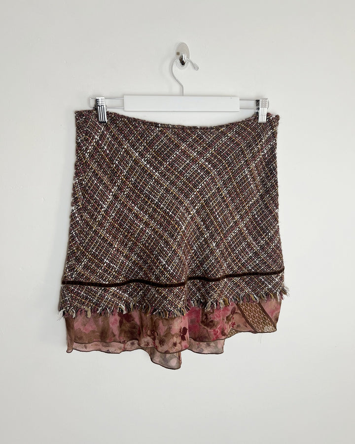 00's Morgan De Toi Tweed Skirt with Velvet & Floral Chiffon Detail - W32