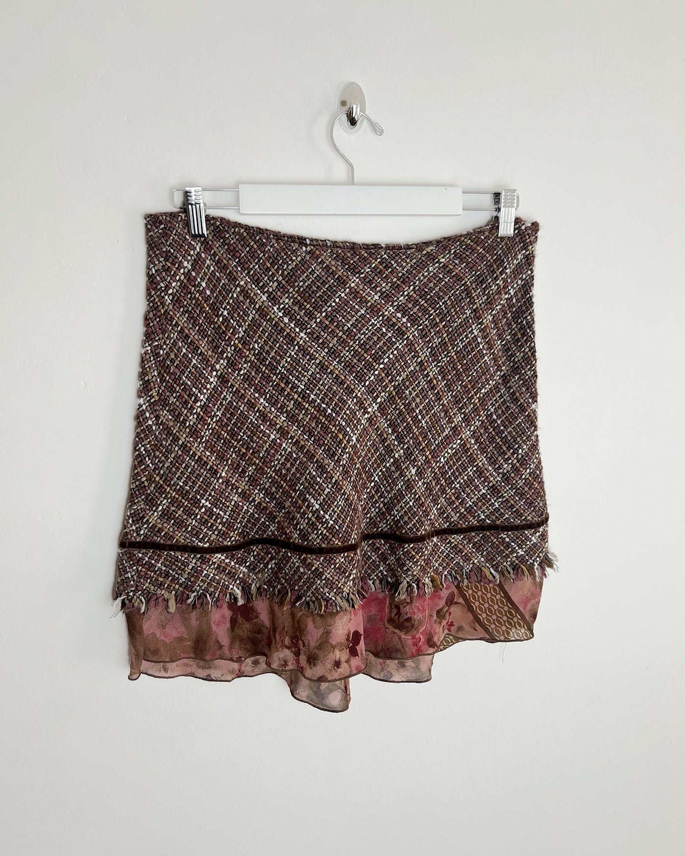 00's Morgan De Toi Tweed Skirt with Velvet & Floral Chiffon Detail - W32