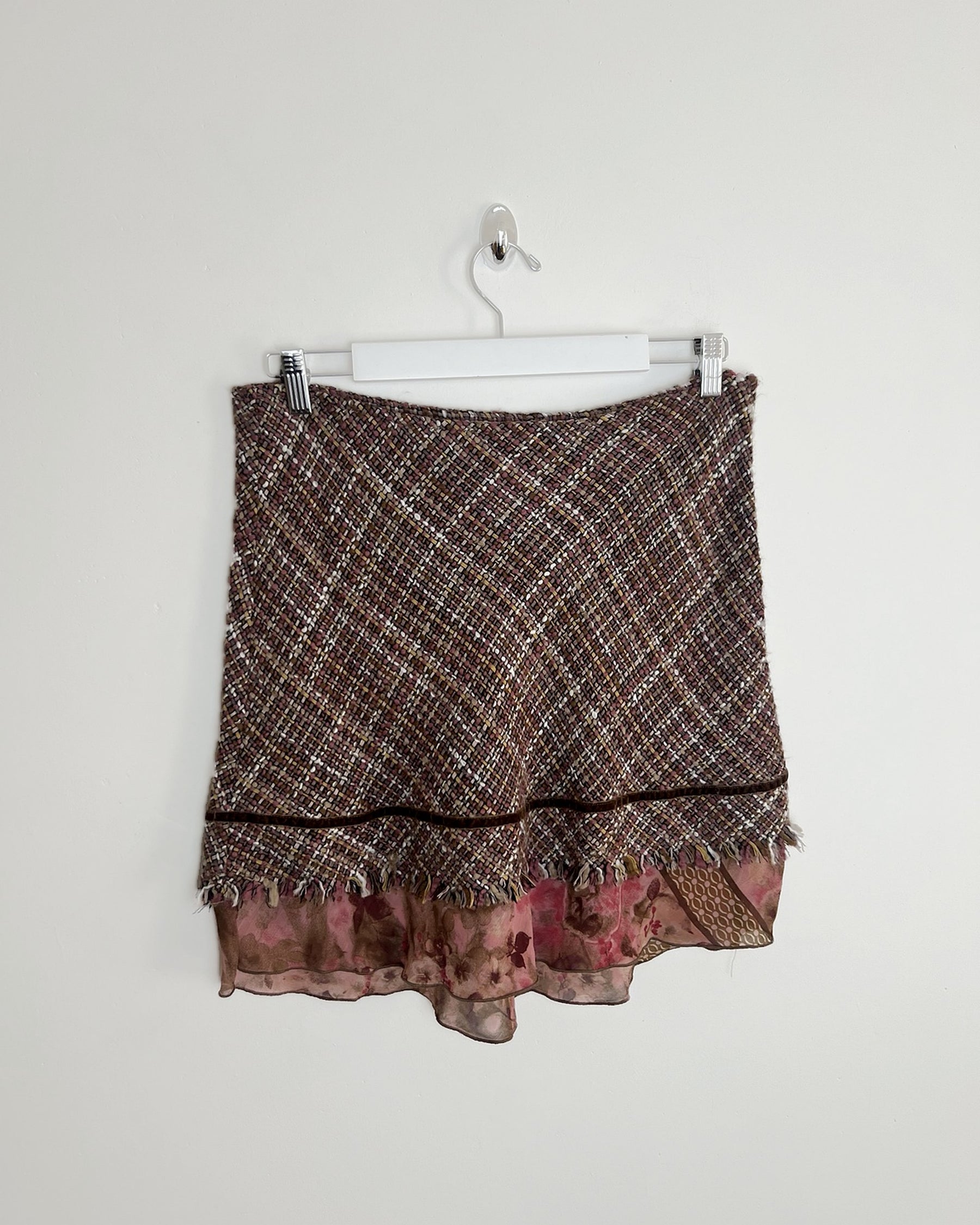 00's Morgan De Toi Tweed Skirt with Velvet & Floral Chiffon Detail - W32