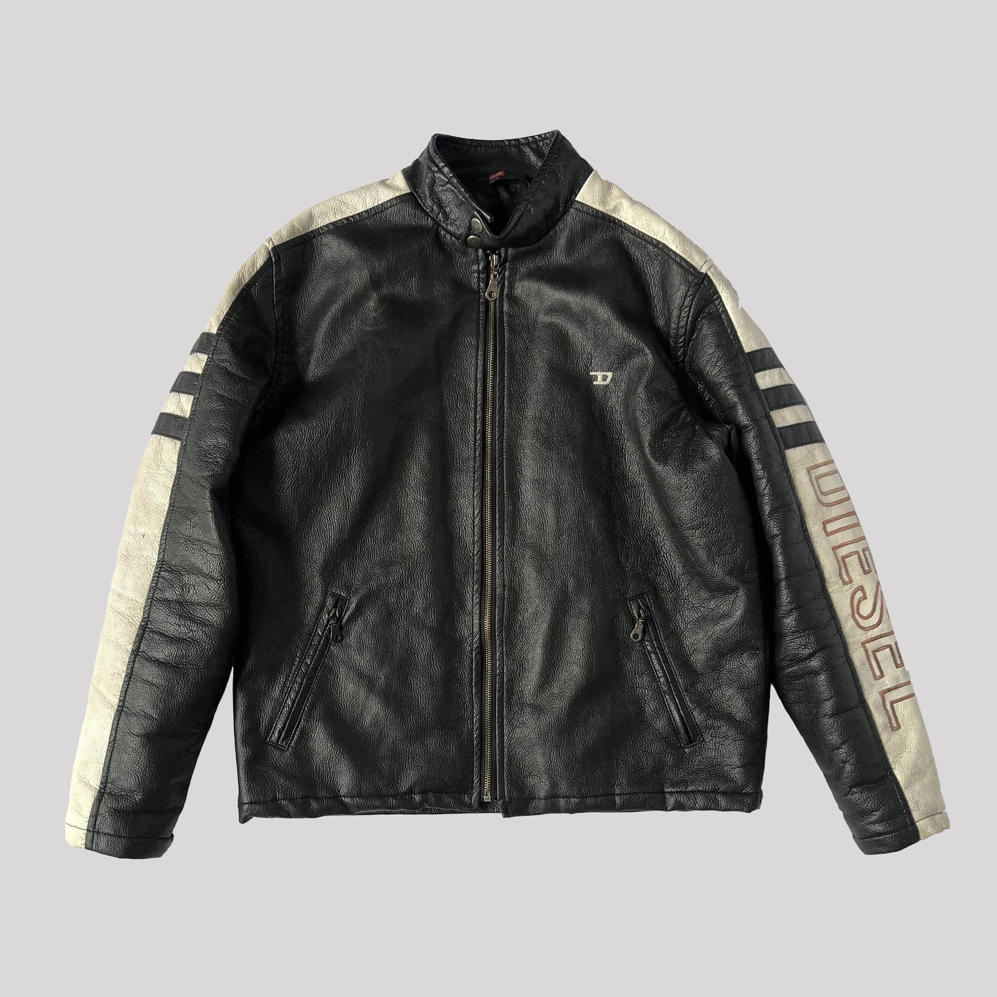 00's Diesel Leather Moto Jackets with Embroidered Logo & Stripe Detailing - M