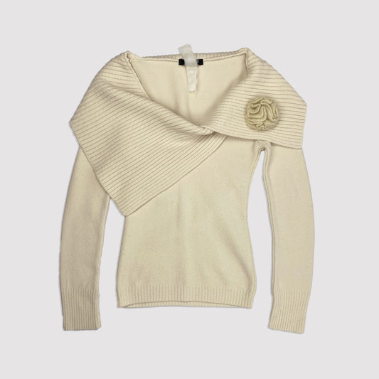 00's Morgan De Toi Off The Shoulder Knit Jumper with Flower Detail in Cream - S