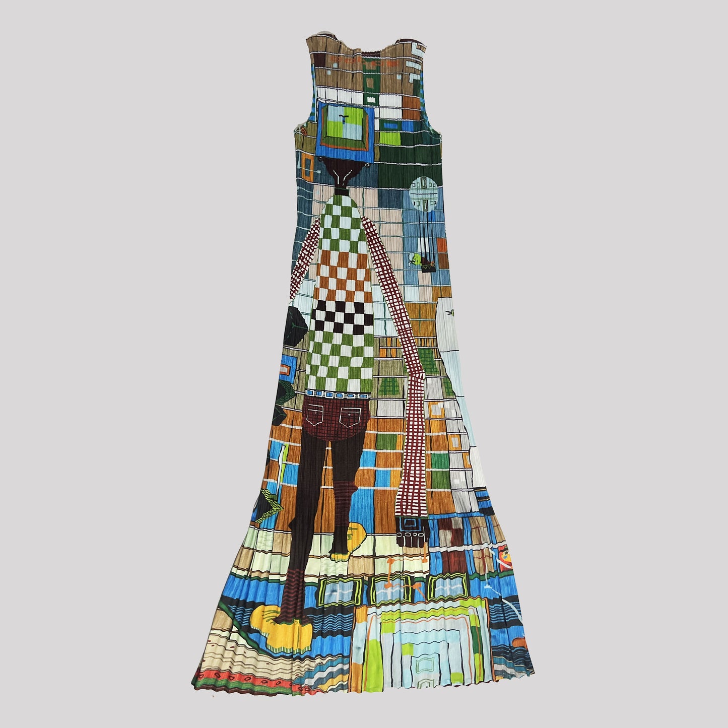 2001 Pleats Please Maxi Dress with Walking Man Print - S/M