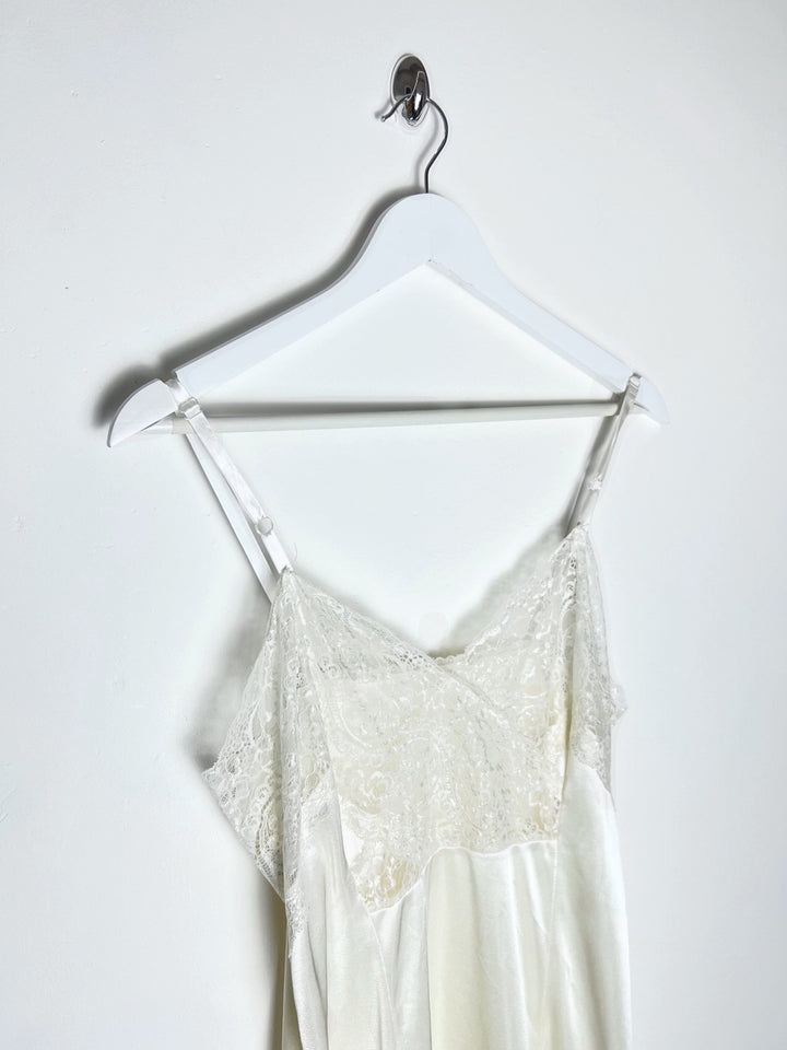 90's Slip Dress with Lace Hem & Bust in White - M