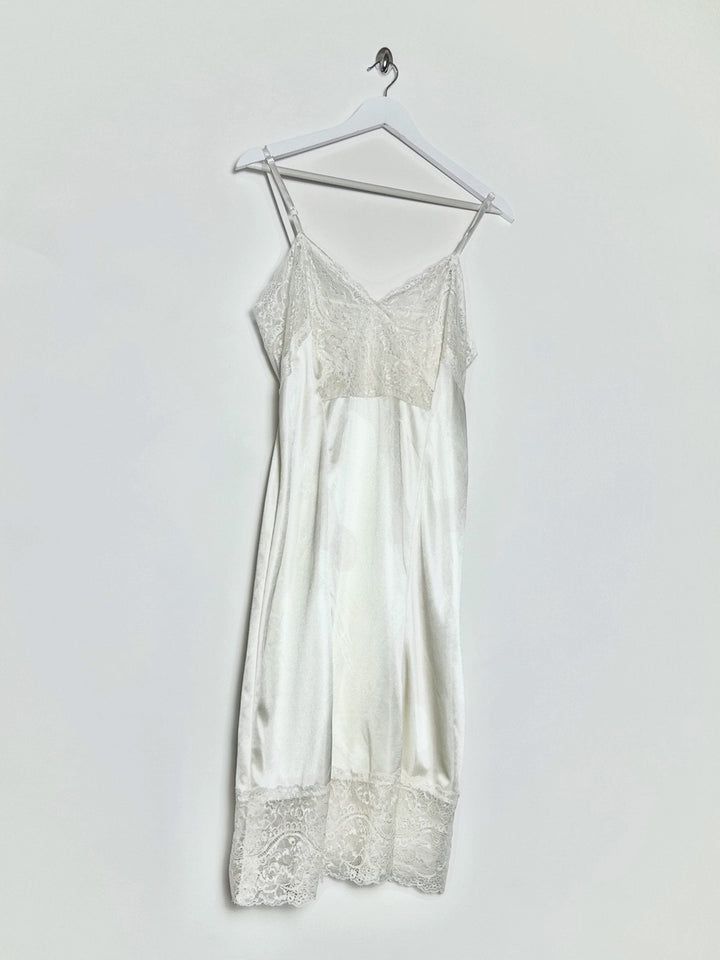 90's Slip Dress with Lace Hem & Bust in White - M