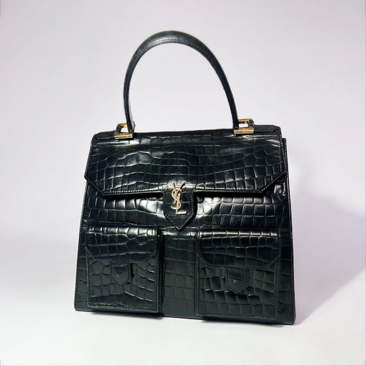 Vintage Yves Saint Laurent Top Handle Bag in Black Croc Embossed Leather 