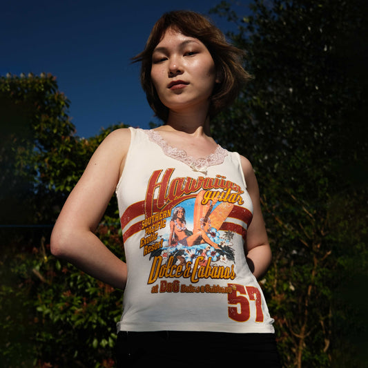 90's Dolce & Gabbana Vest with Hawaiian Surf Graphic in Cream - XS